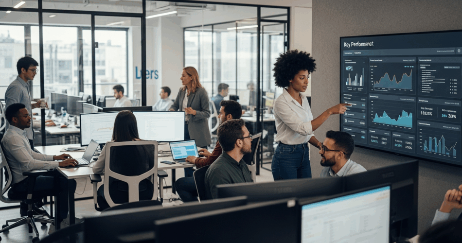 Professional software development team analyzing AI integration opportunities with productivity metrics and dashboards