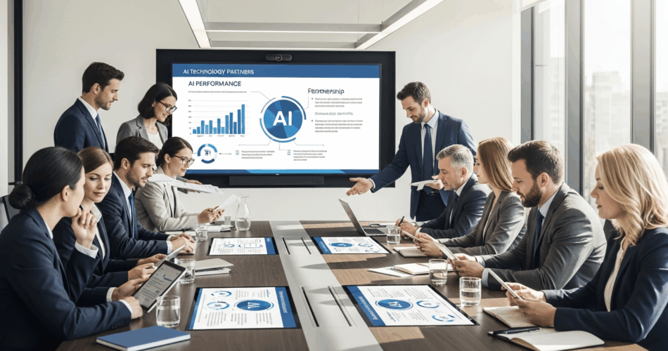 Professional executives evaluating AI technology partners in corporate meeting with data presentations