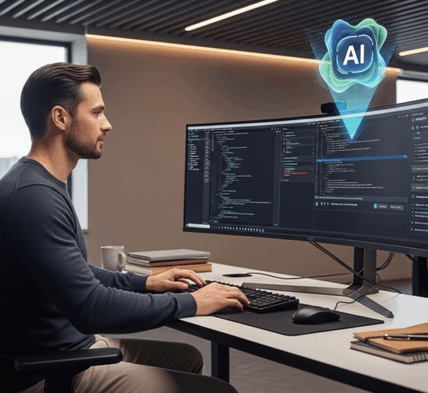 Professional software developer working collaboratively with AI technology showing human-AI partnership in modern workspace