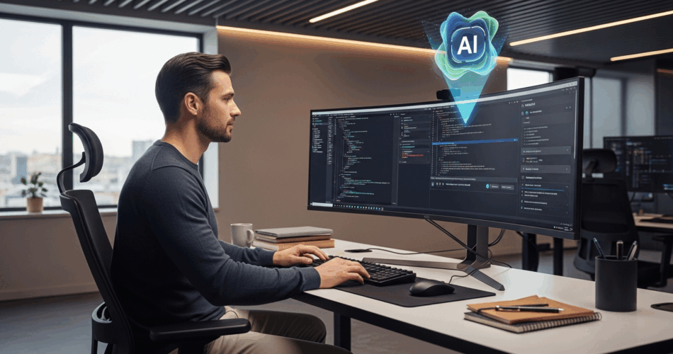 Professional software developer working collaboratively with AI technology showing human-AI partnership in modern workspace