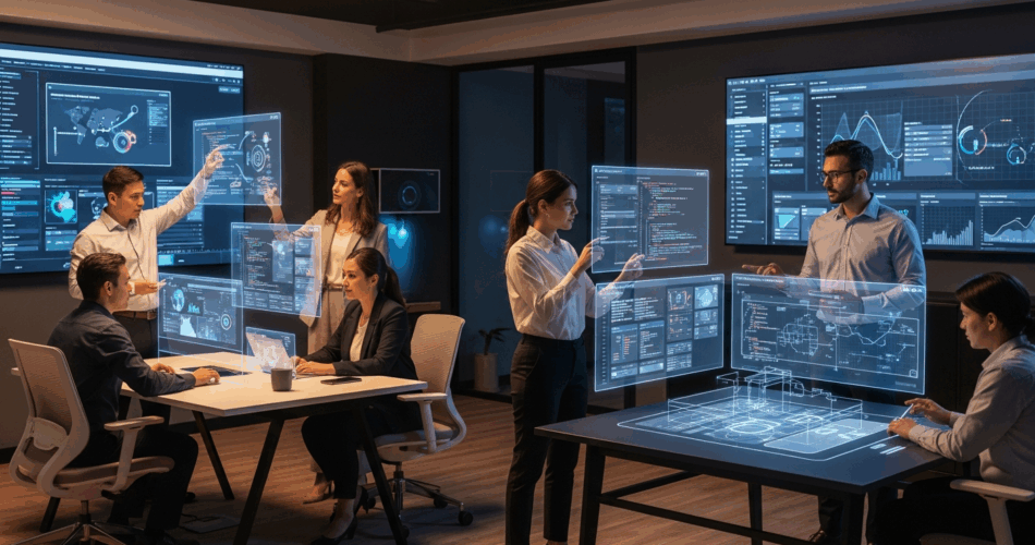 Professional AI-generated image showing artificial intelligence transforming custom software development with modern technology