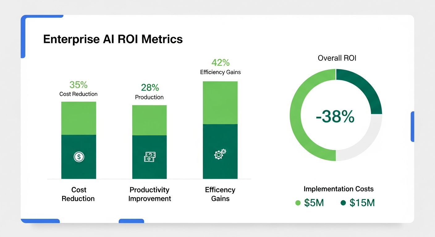 Infographic: Enterprise GPT ROI - Support Costs -60%, Productivity +35%, Dev Efficiency +55%, Content Speed 10x, Average ROI 200-400%