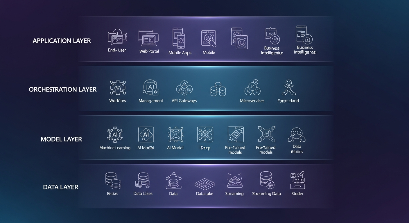 Infographic: Enterprise GPT Technology Stack - Application Layer, Orchestration Layer, Model Layer, Data Layer