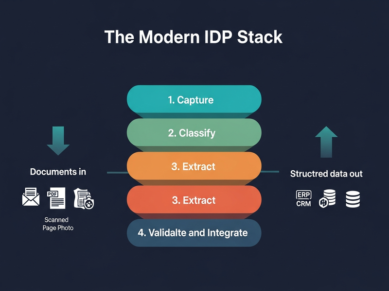Four-layer stack diagram of a modern Intelligent Document Processing platform showing capture, classify, extract, and validate-and-integrate layers
