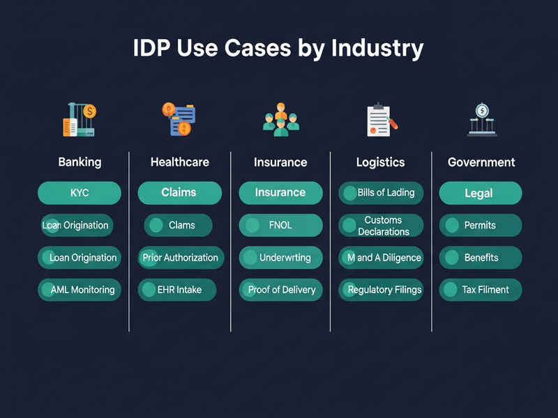 Matrix of six industries — banking, healthcare, insurance, logistics, legal, government — with the top three Intelligent Document Processing use cases per industry