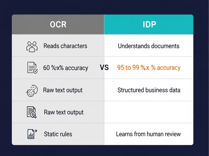 Side-by-side comparison of legacy OCR versus modern Intelligent Document Processing showing accuracy, output type, and learning capability