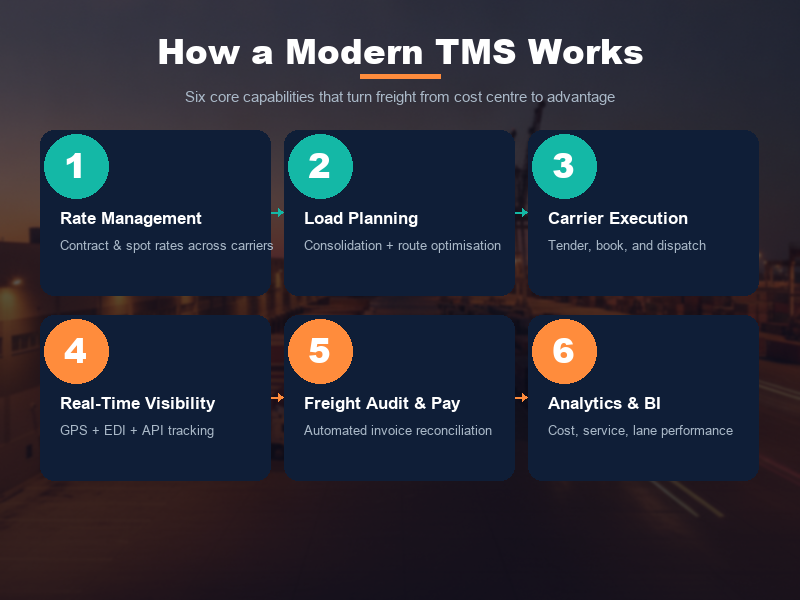 How modern TMS software works — six-step workflow diagram covering rate management, load planning, carrier execution, real-time visibility, freight audit, and analytics