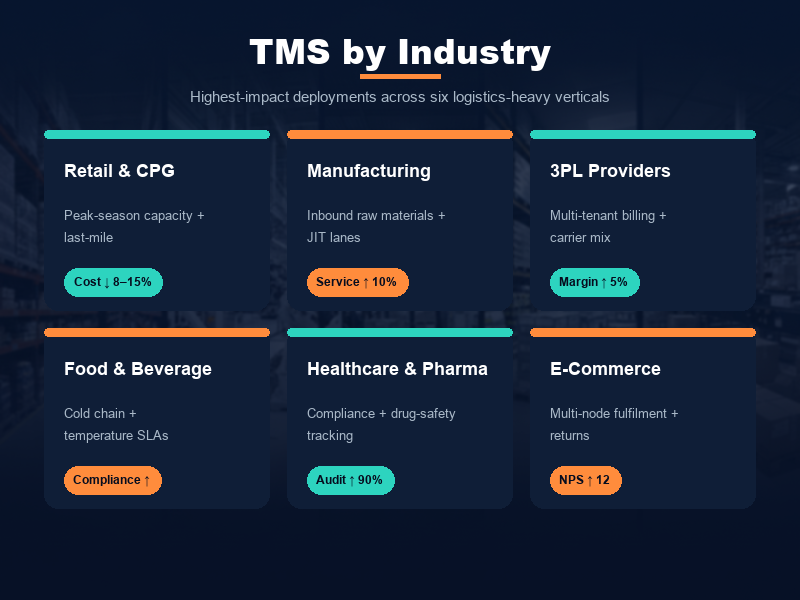 TMS software use-case matrix by industry — retail and CPG, manufacturing, 3PL providers, food and beverage, healthcare and pharma, and e-commerce, with the highest-value workflows per vertical