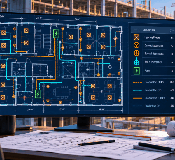 Electrical takeoff software mapping devices, panels and measured runs
