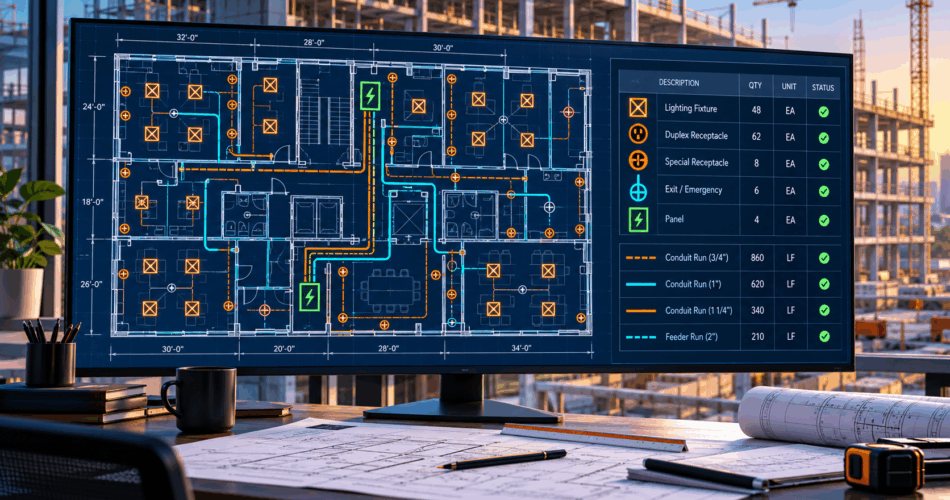 Electrical takeoff software mapping devices, panels and measured runs