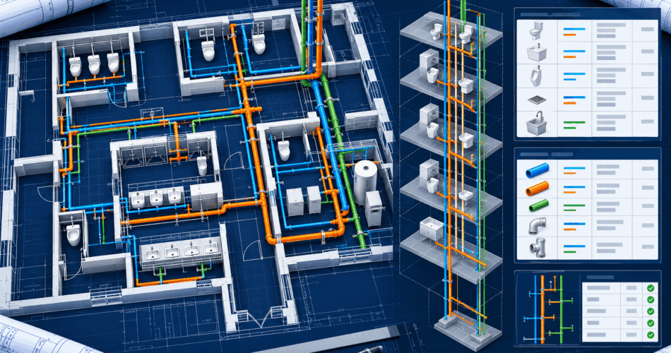 Plumbing takeoff software reconciling fixtures, piping, schedules and risers