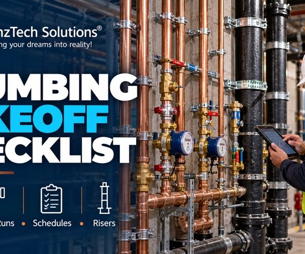 Plumbing takeoff checklist with commercial water risers, sanitary stacks, valves and estimator review