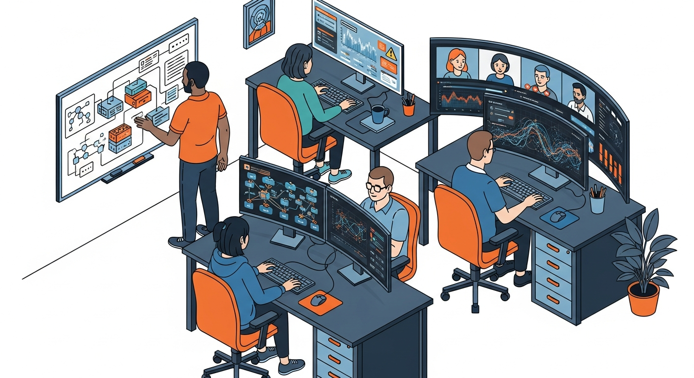 Dedicated AI development team workspace with engineers building machine learning models and AI systems