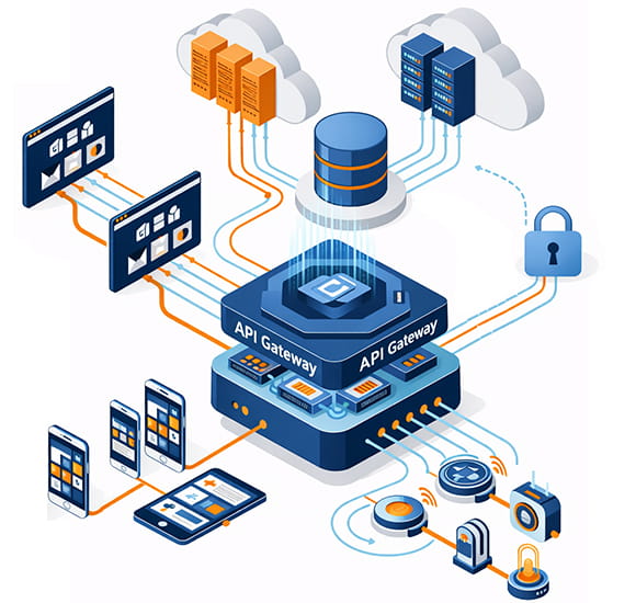 Custom API development architecture showing API gateway connecting multiple systems and services