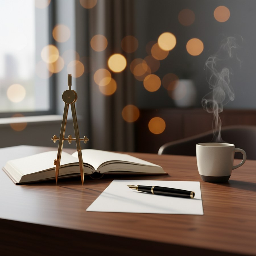 AI agent reference architecture — brushed brass compass and leather notebook