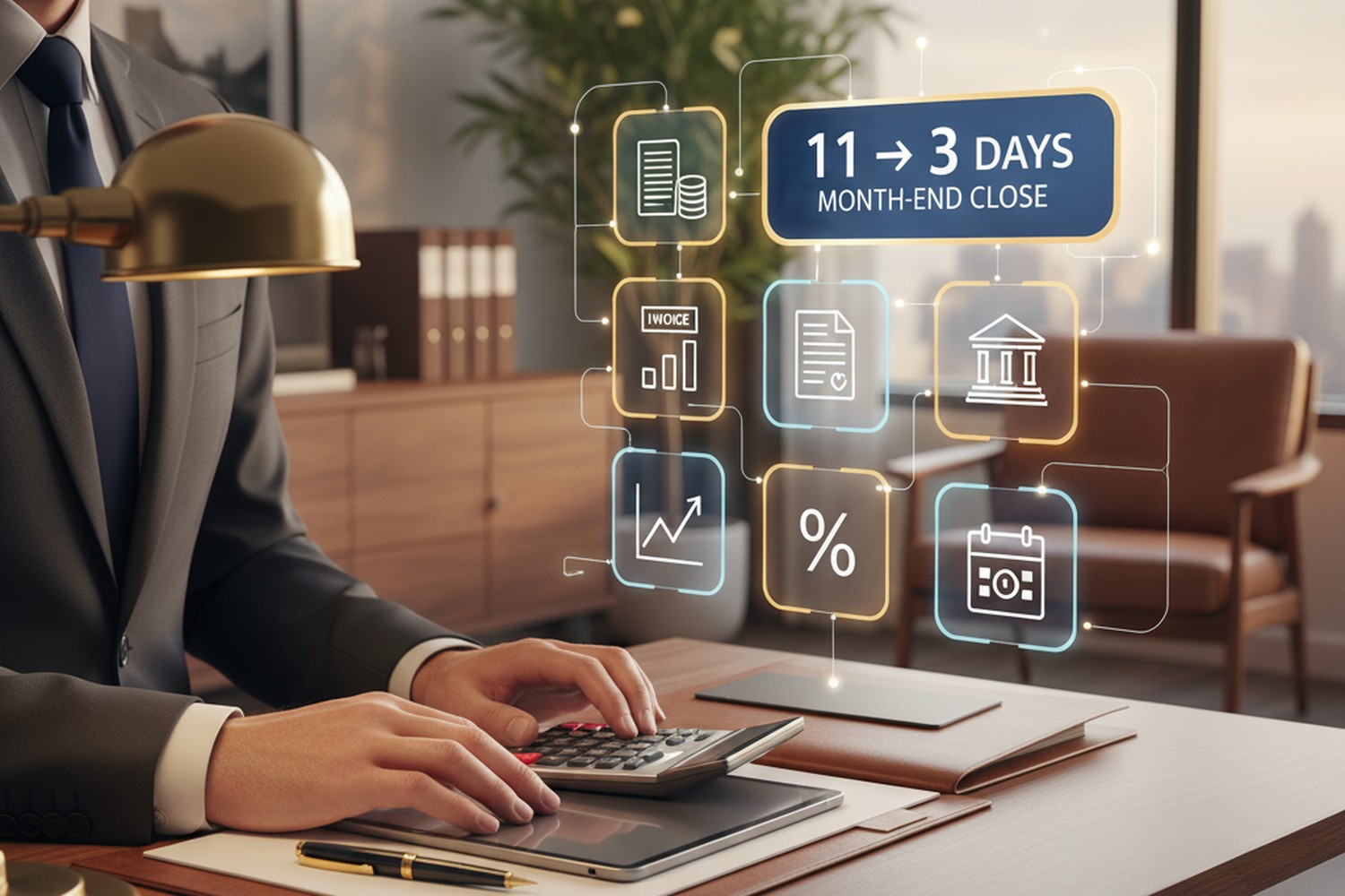 AI Finance Automation Agent — six-agent month-end close platform cutting close from 11 to 3 days; CFO with calculator and tablet, walnut executive office, and floating navy-gold icon panels for balance sheet, coins, invoice, bank, audit, trending chart, percentage, calendar, with prominent 11 to 3 DAYS MONTH-END CLOSE badge