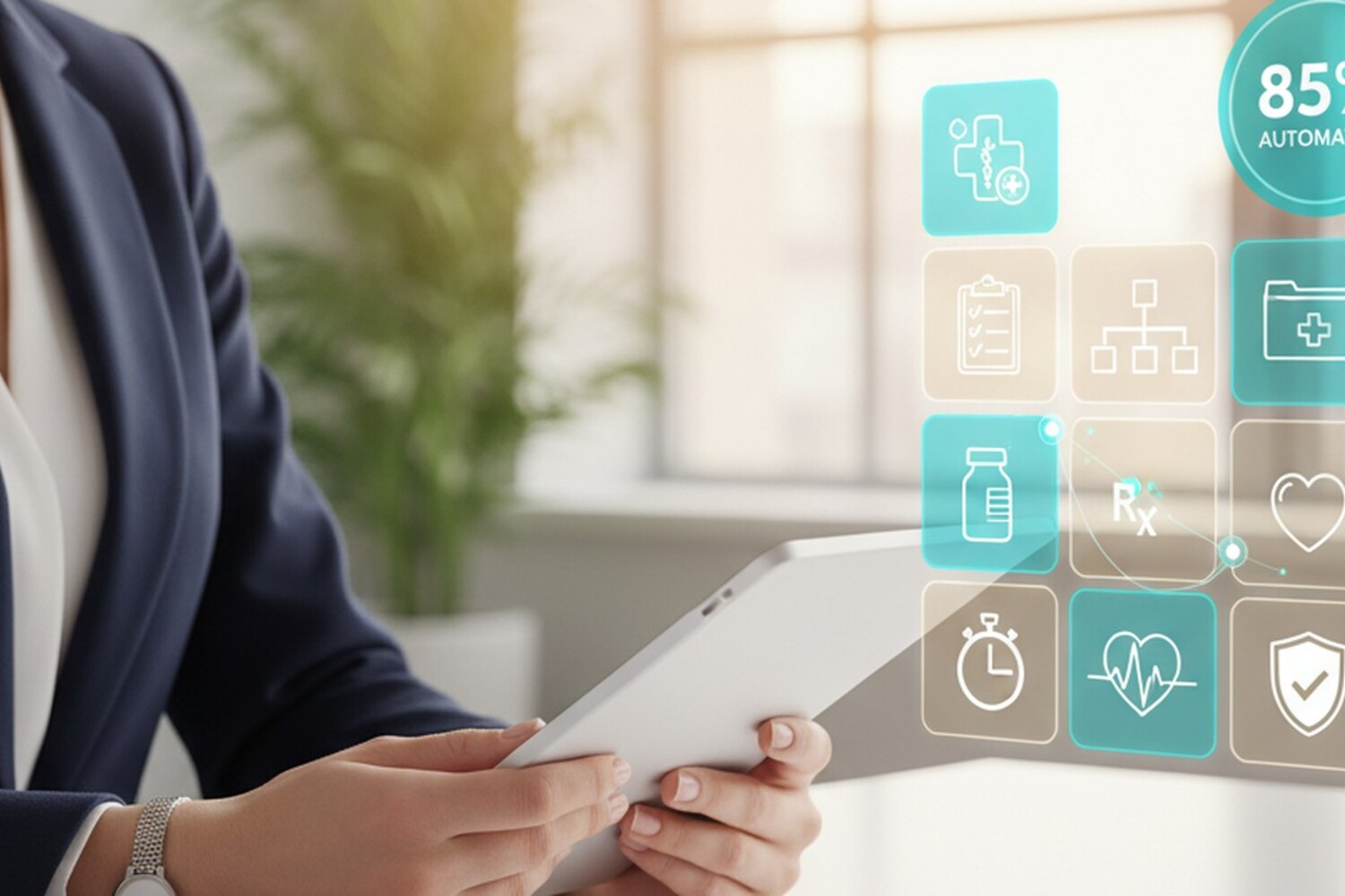 AI Healthcare Prior-Auth Multi-Agent — 85% automation, clinician with tablet and floating clinical-workflow icon panels including caduceus, clipboard with checkmarks, decision tree, Rx, stopwatch, heart-pulse, HIPAA shield, and prominent 85% AUTOMATED badge