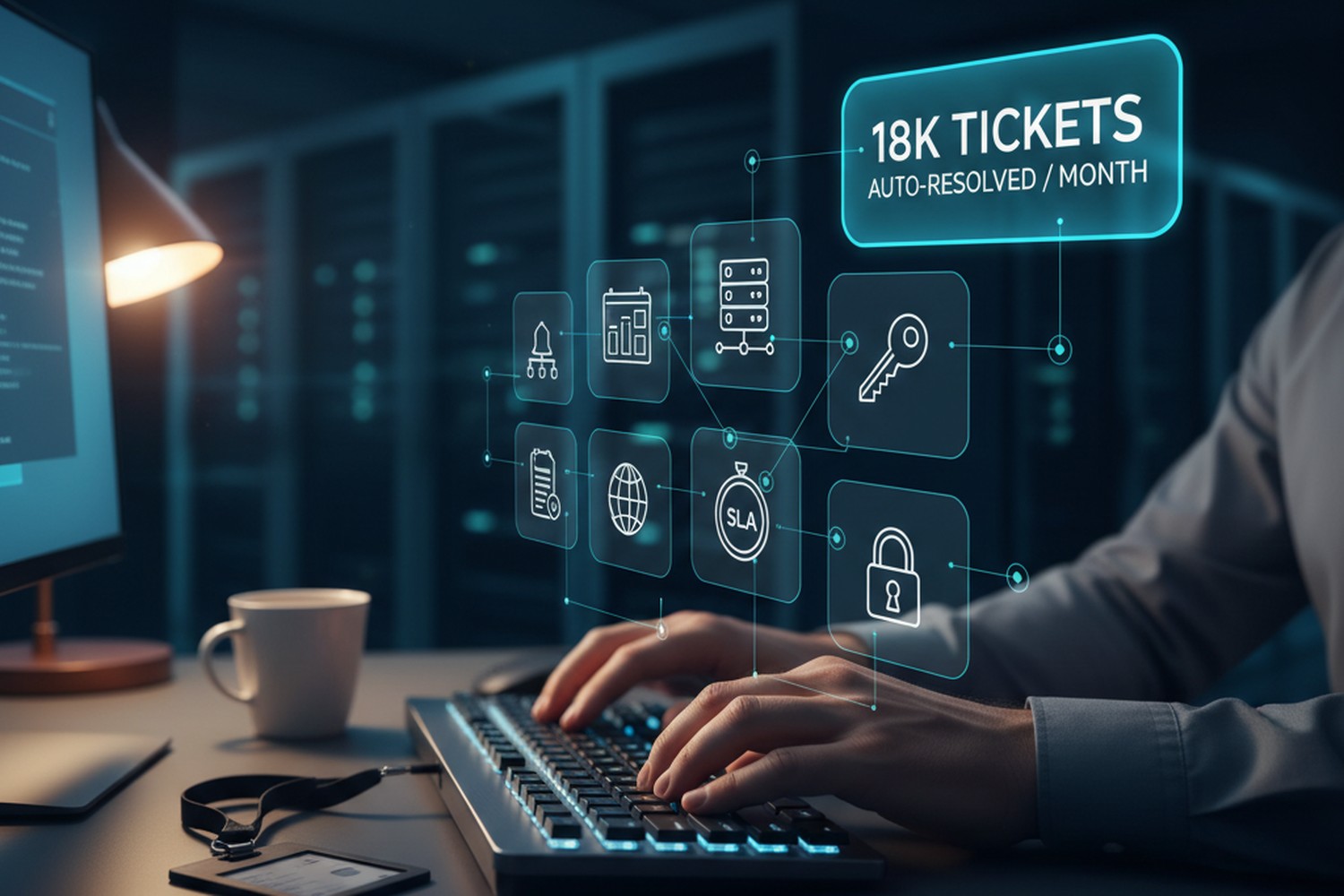 AI IT Service Desk Multi-Agent — hierarchical five-agent ITSM platform auto-resolving 18,000 L1 tickets per month for a global retail bank; IT engineer at mechanical keyboard in NOC environment, floating cyan-and-navy icon panels for ticket Kanban, server rack, network globe, password key, SLA stopwatch, padlock, AI sparkle, with prominent 18K TICKETS AUTO-RESOLVED / MONTH badge