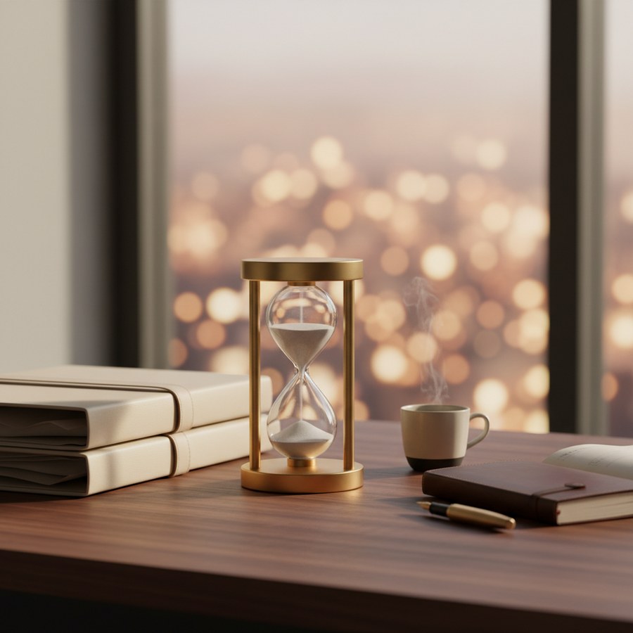 End-to-end AI agent delivery methodology — brushed brass sand timer on walnut desk