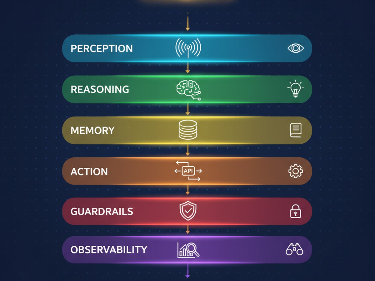 AI finance agent six-layer architecture — Perception, Reasoning, Memory, Action, Guardrails, Observability with SAP / Oracle / NetSuite / Workday ERP icons