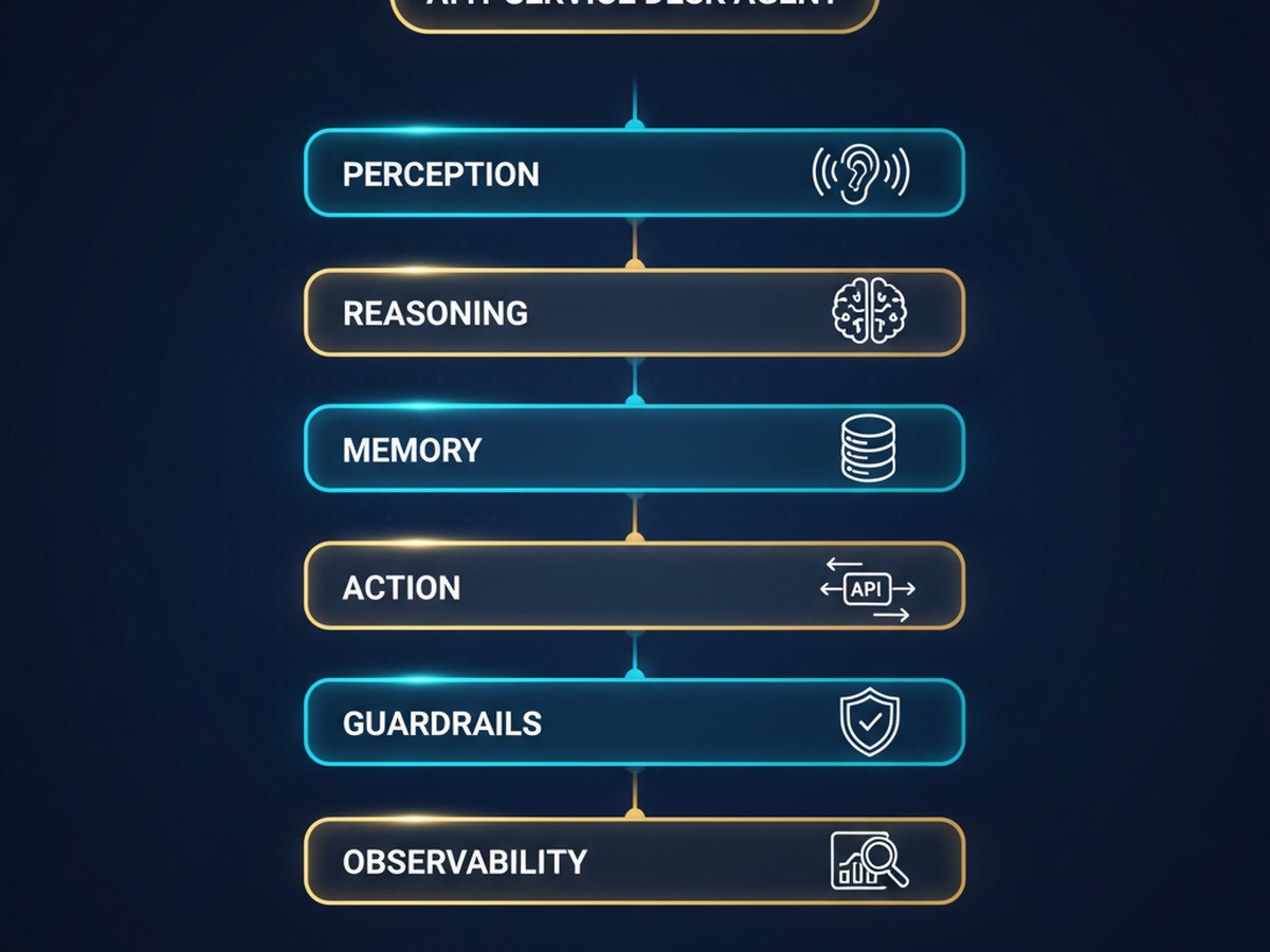 AI IT service desk agent six-layer architecture — Perception, Reasoning, Memory, Action, Guardrails, Observability with ServiceNow / Jira / Zendesk ticket icons