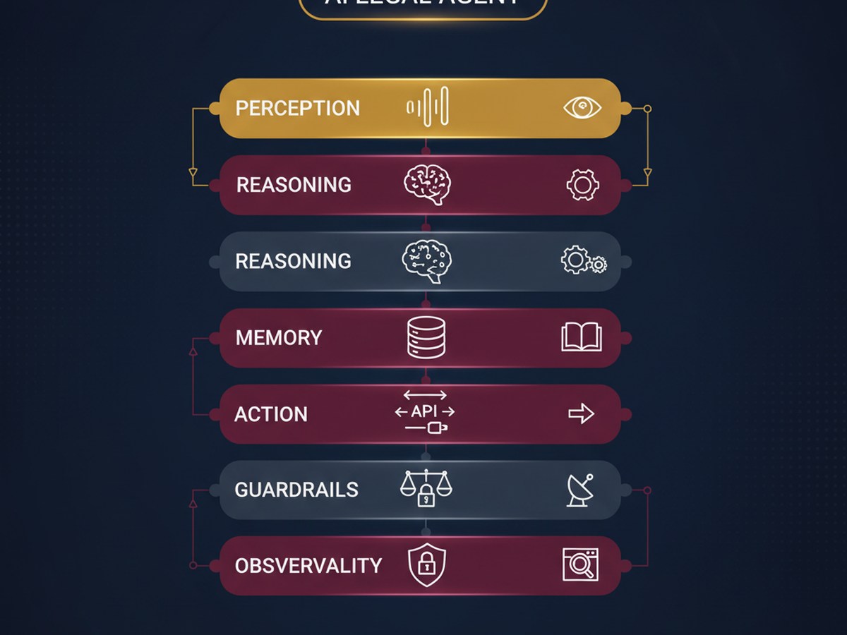 AI legal agent six-layer architecture — Perception, Reasoning, Memory, Action, Guardrails, Observability with Harvey / Lexis+ / Westlaw / Relativity icons
