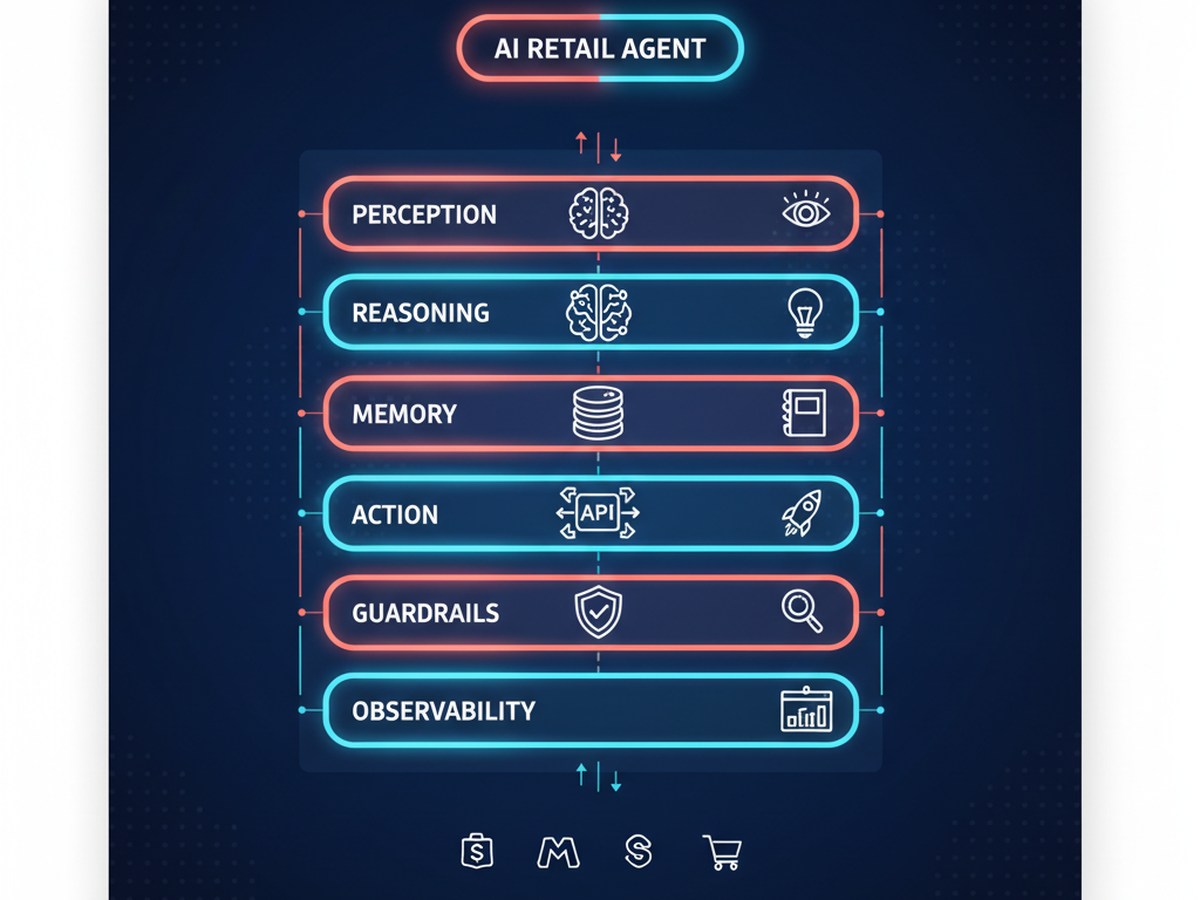 AI retail agent six-layer architecture — Perception, Reasoning, Memory, Action, Guardrails, Observability with Shopify / Magento / Salesforce Commerce icons