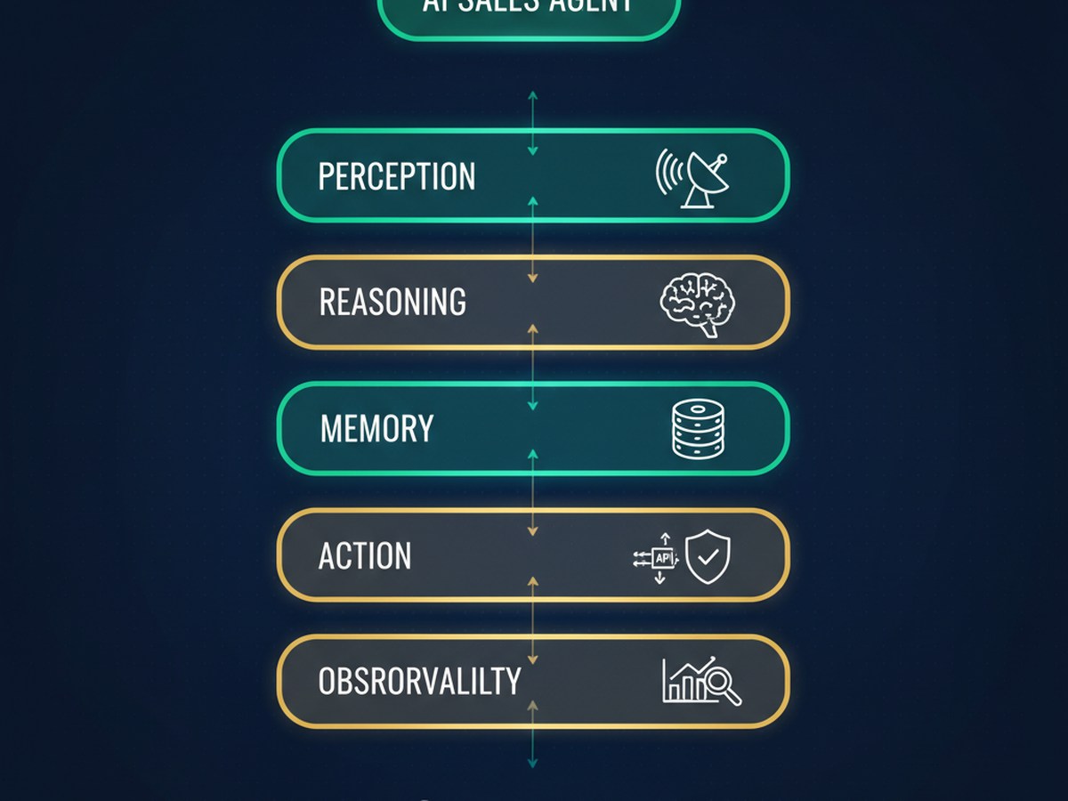 AI sales agent six-layer architecture — Perception, Reasoning, Memory, Action, Guardrails, Observability with Salesforce / HubSpot / Dynamics 365 CRM icons
