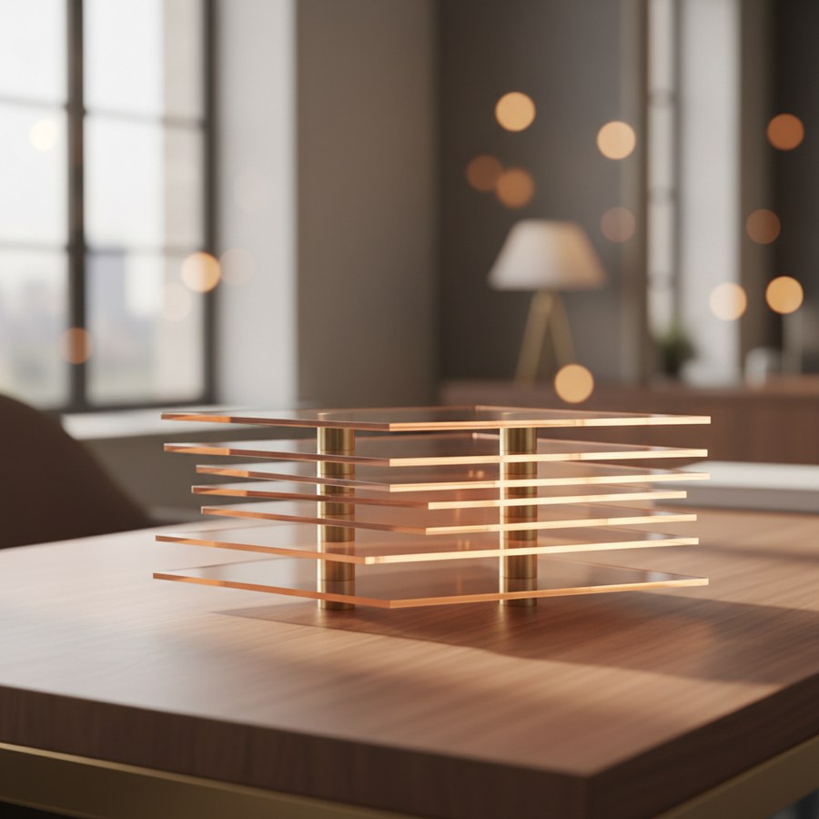 AI workflow architecture concept — layered crystal stack on a wooden executive desk