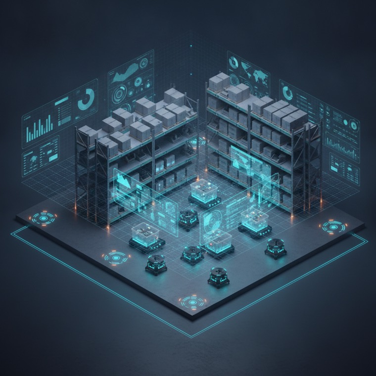AI-powered smart warehouse with autonomous mobile robots and IoT sensors
