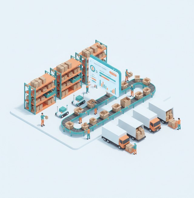 3PL software development — a third-party logistics fulfilment centre with warehouse racks, order picking, delivery trucks, and a multi-client dashboard