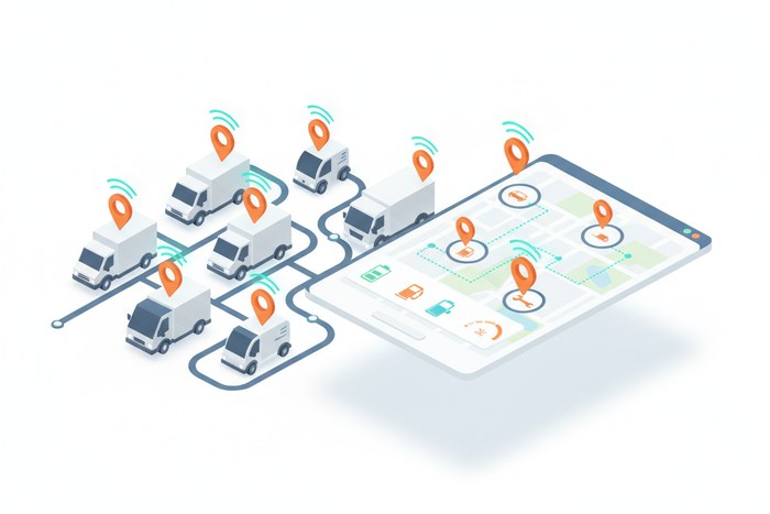 Fleet management software — a fleet of vehicles with GPS tracking pins and a telematics dashboard