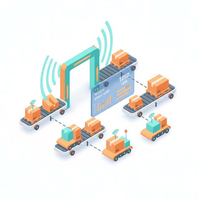 RFID logistics tracking system — tagged pallets moving through an RFID dock-door reader with a real-time inventory dashboard