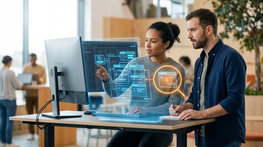 Engineers reviewing an application dependency map during modernization discovery