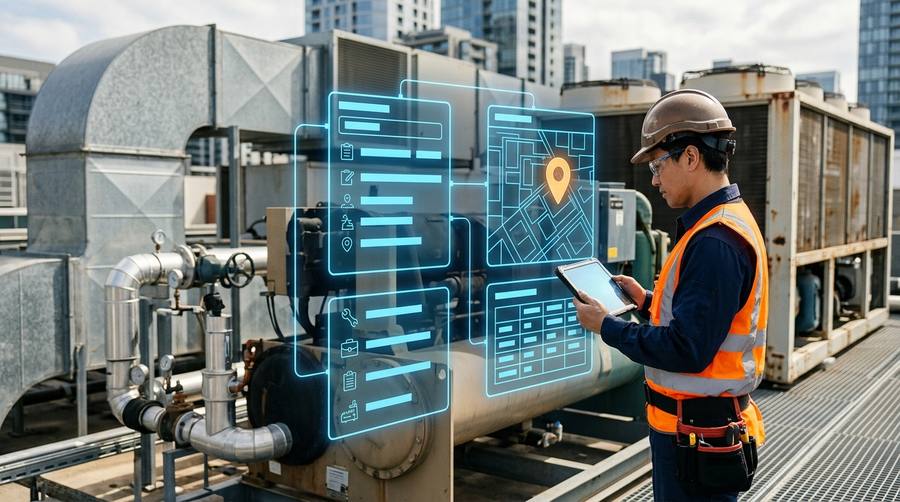 Field service technician with a rugged tablet inspecting rooftop HVAC chiller plant on a commercial building