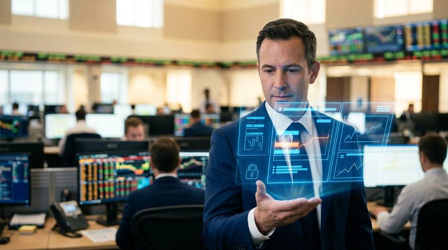 Financial professional on a bank trading floor with market data boards and multi-screen dealing desks