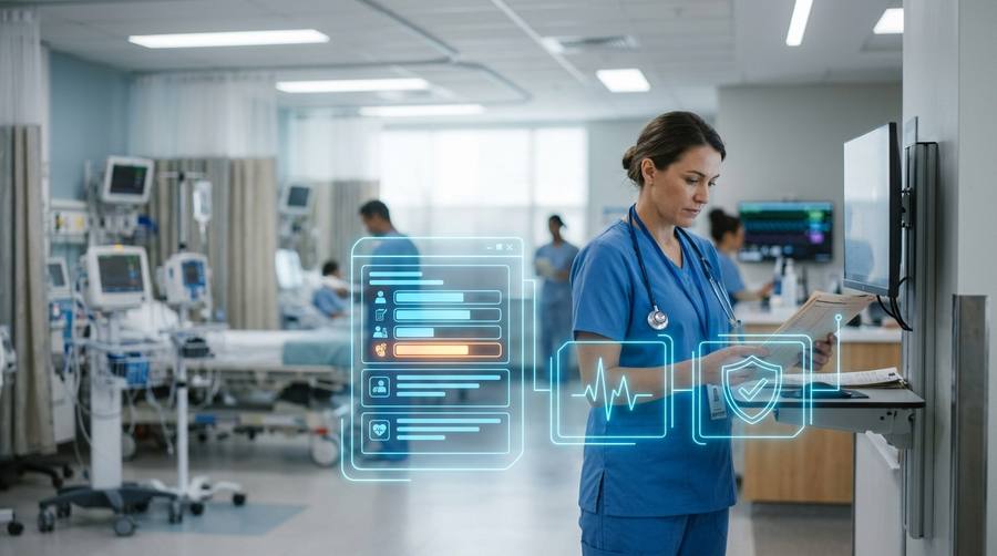 Clinician in scrubs at a hospital ward workstation beside vital-signs monitors and patient beds