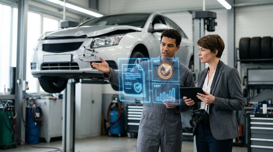 Insurance claims adjuster photographing collision damage on a vehicle raised in a repair workshop