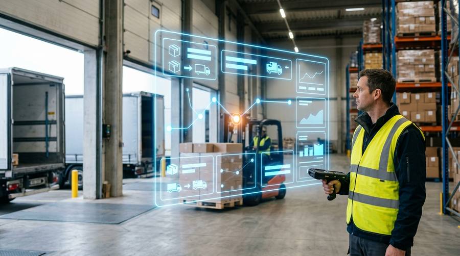 Dispatch supervisor with a barcode scanner at a distribution centre loading dock with trailers and forklift