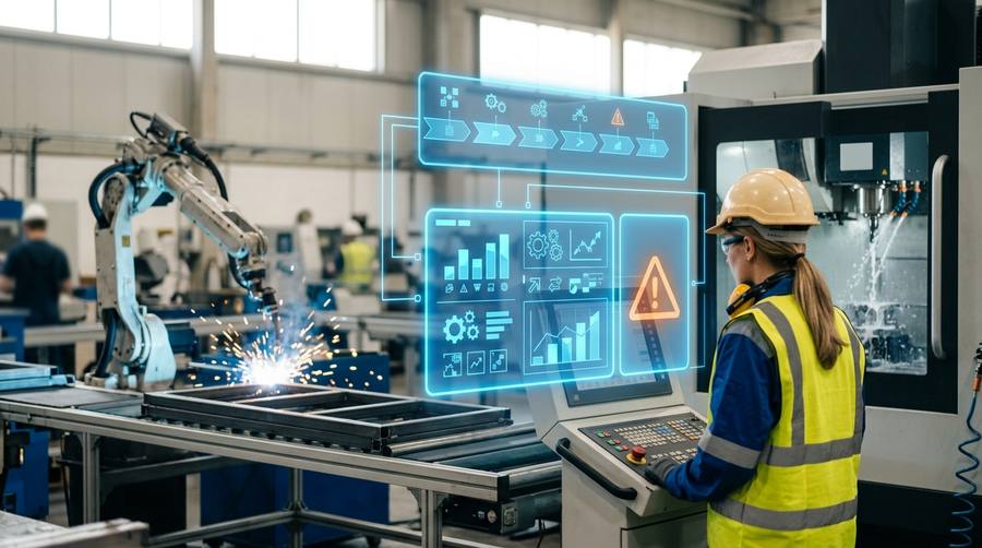 Operator at an industrial control panel beside a robotic welding cell on a factory assembly line