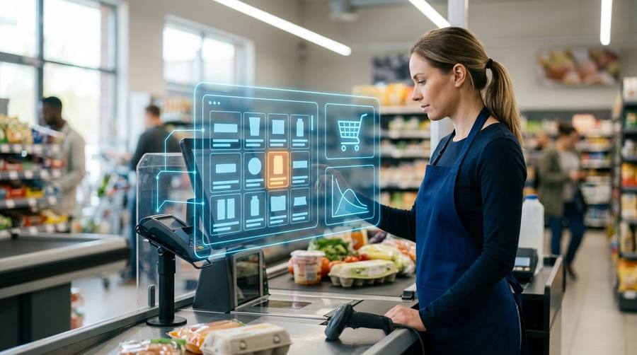 Store associate scanning groceries at a supermarket checkout with a point-of-sale terminal and card reader