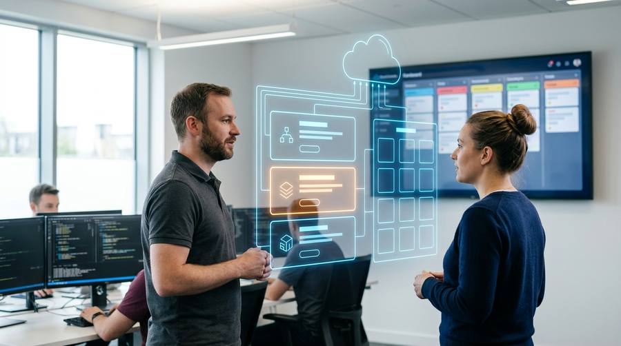 Product engineers reviewing a delivery board and cloud console in a software company engineering area