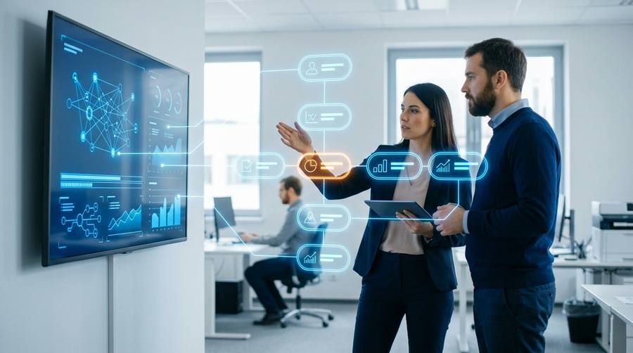 Analyst and developer reviewing an enterprise approval workflow application