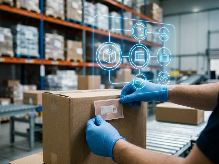 Applying an RFID tag to a carton in a warehouse