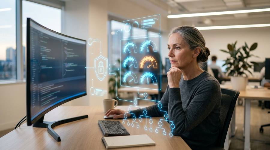 Engineer reviewing architecture, code quality, technical debt and security exposure