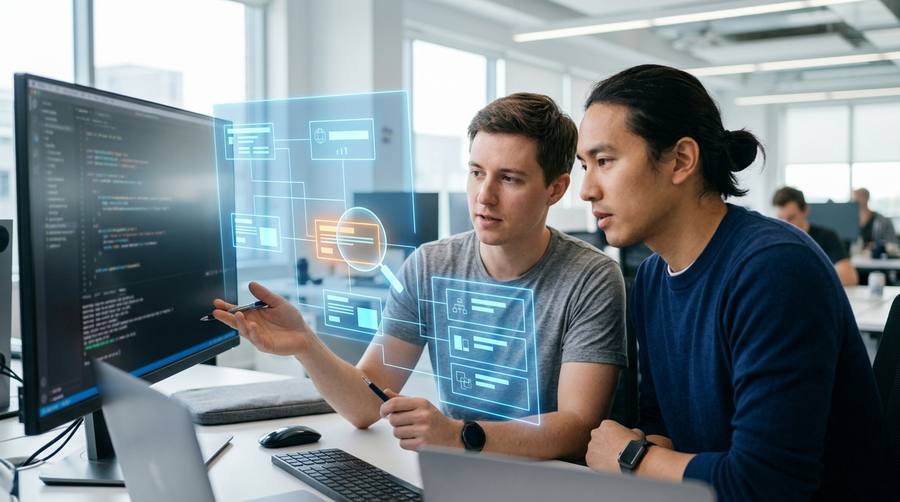 Engineers mapping software modules, dependencies and workflows during modernization discovery