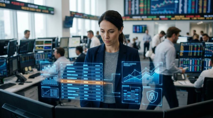 Financial professional on a bank trading floor with market data boards and dealing desks