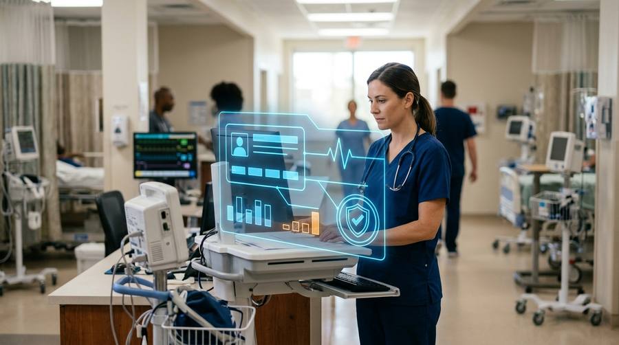 Clinician in scrubs at a hospital ward workstation beside vital-signs monitors