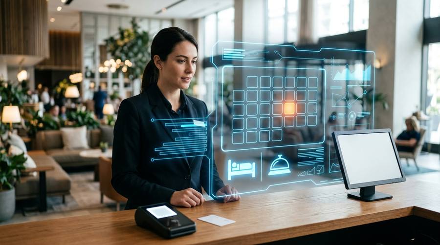 Hotel receptionist at a front desk terminal in a modern lobby handling bookings