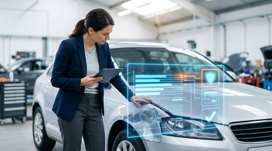 Insurance claims adjuster inspecting vehicle damage with a tablet in a repair workshop